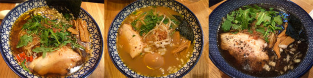 左から : 地鶏醤油そば、白湯そば、黒ごまにんにくそば