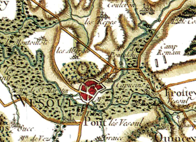 カッシーニの地図。ヴズールの右上に 「Camp Romain ローマ陣営」と記されている。