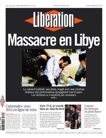 「リビアで虐殺」と題された2月22日付リベラシオン紙。