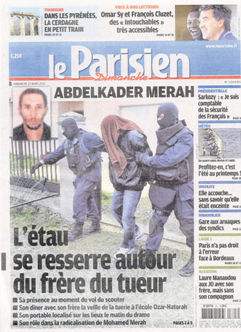 連続射殺犯の兄、アブデルカデール・メラ逮捕を 伝える3月25日付パリジャン紙。